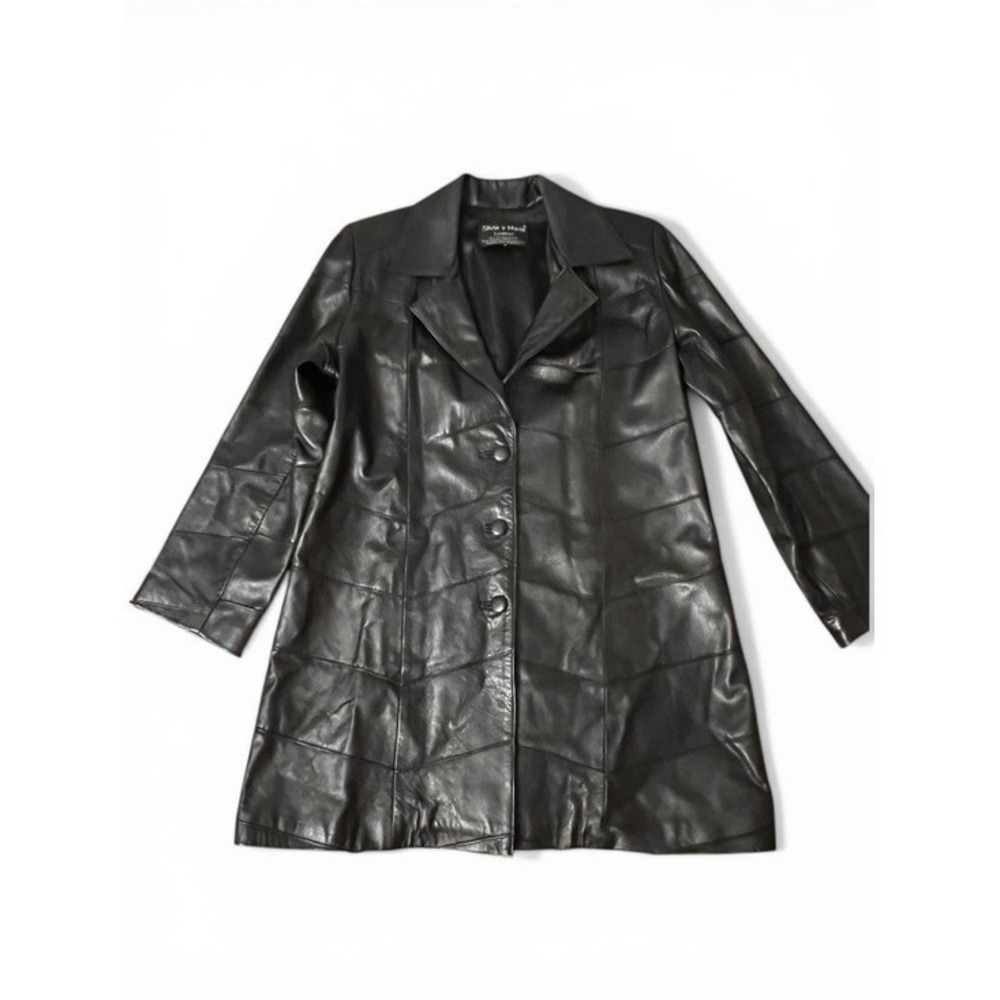 Vintage 90s black leather coat Sylvia y Mario longline minimalist chic